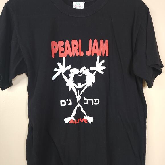 Vintage Pearl Jam פרל ג'ם Hebrew Short Sleeve Alive Concert Tee in Black Size M - Picture 2 of 7